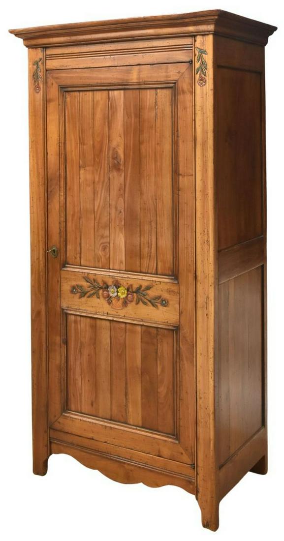 FRENCH PROVINCIAL LOUIS XV STYLE FRUITWOOD ARMOIRE: French Provincial Louis XV style fruitwood armoire, 20th c., molded cornice, over paneled door, opening to four adjustable-height shelves, foliate carved motifs, scalloped apron, on bracket feet, appr