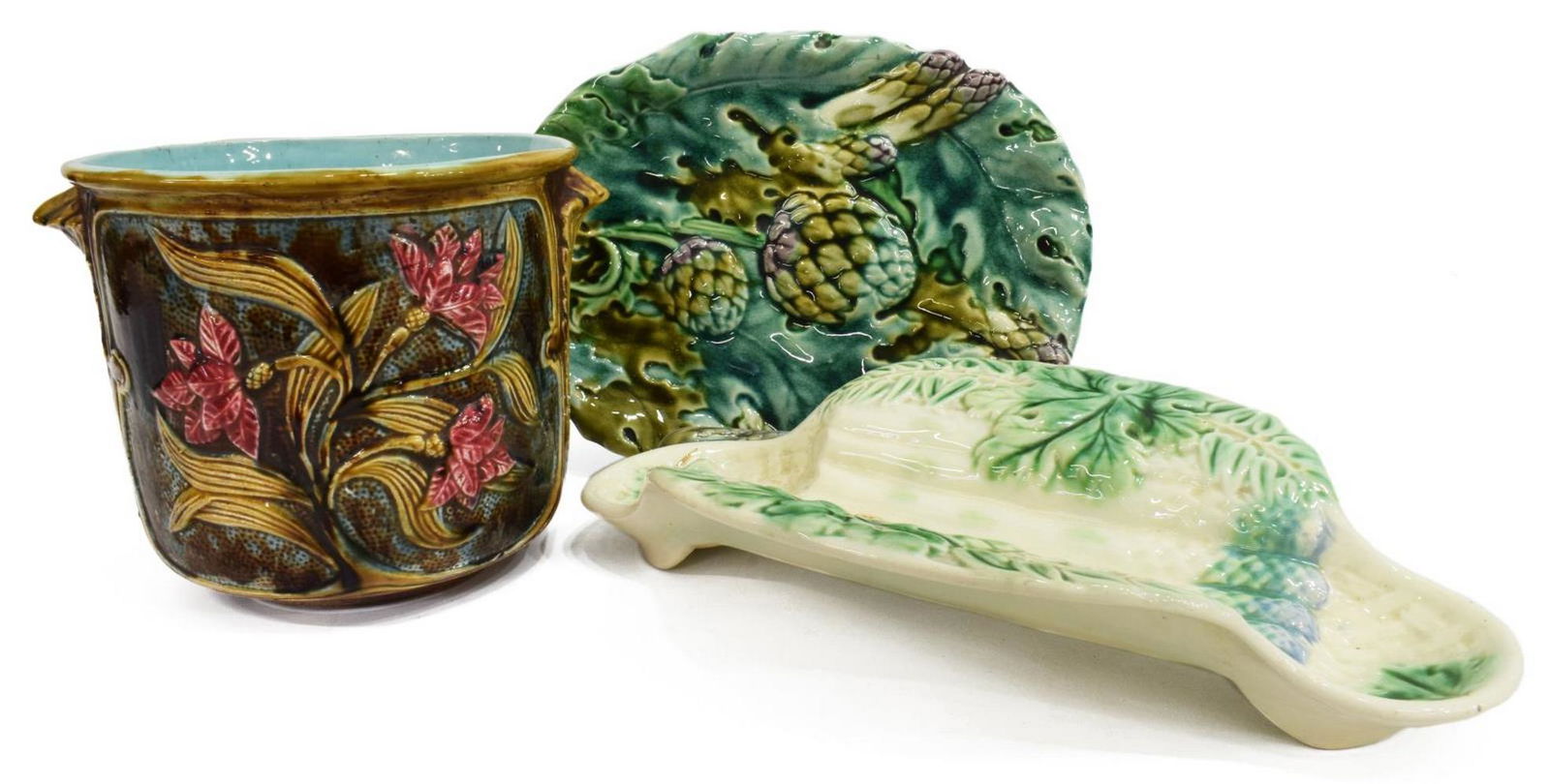(3) FRENCH MAJOLICA ASPARAGUS PLATTERS & CACHEPOT (1 of 6)