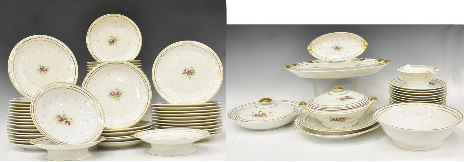 70) FRENCH LIMOGES PORCELAIN FLORAL DINNER SERVICE: (lot of 70) French Limoges porcelain dinner service, early 20th c., gilt rim, hand-painted floral design, incluidng: (33) dinner plates, slightly varied in size, (one) with small chip underfoot, rangi