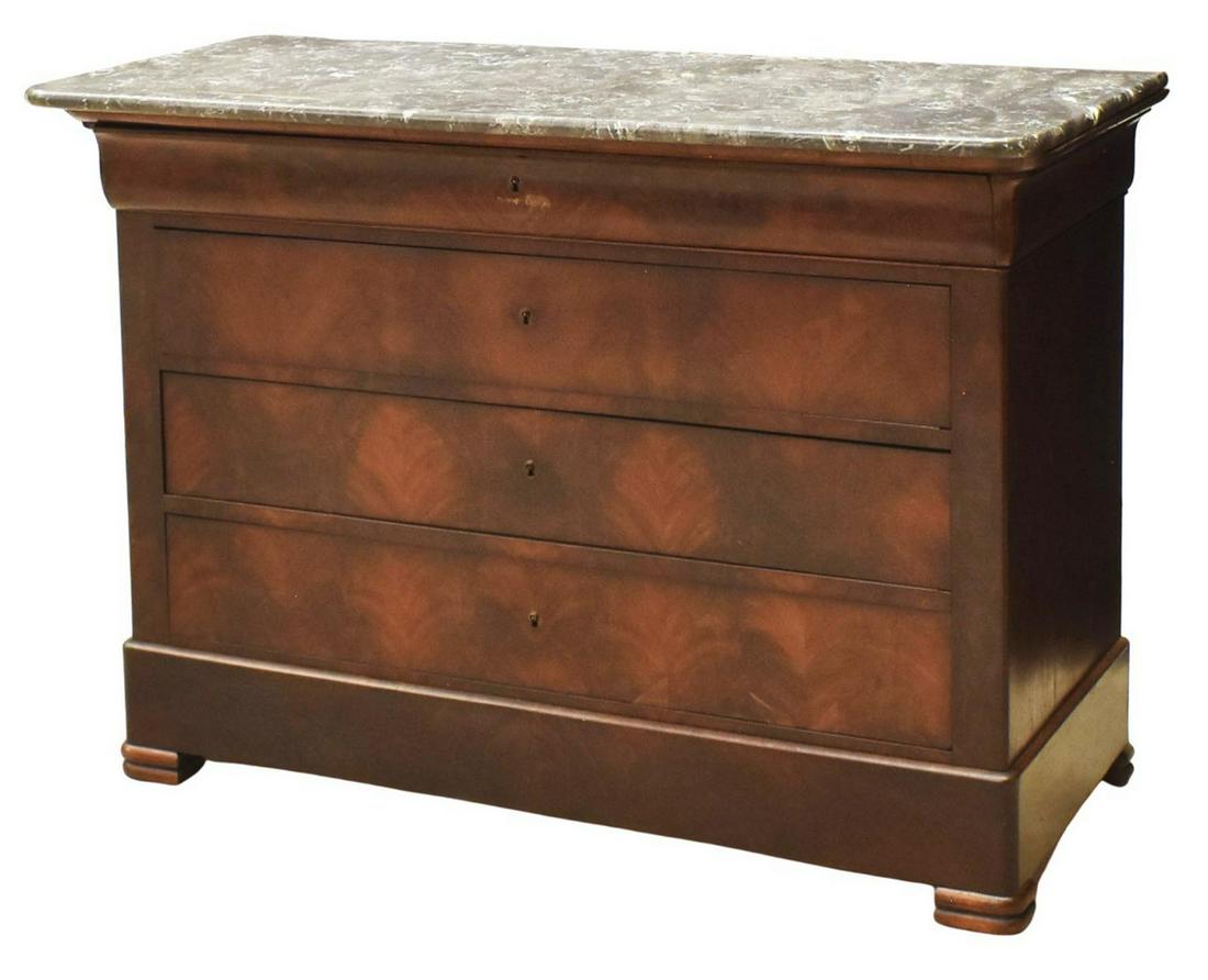 FRENCH LOUIS PHILIPPE MARBLE-TOP MAHOGANY COMMODE: French Louis Philippe period marble-top mahogany commode, mid 19th c., top ogee drawer over three additional drawers, rising on bracket feet, restoration to marble top, approx 35.75"h, 51.5"w, 22.75"d