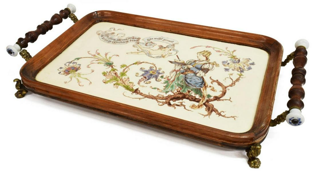 GERMAN WOOD FRAMED FIGURAL PORCELAIN SERVING TRAY (1 of 4)