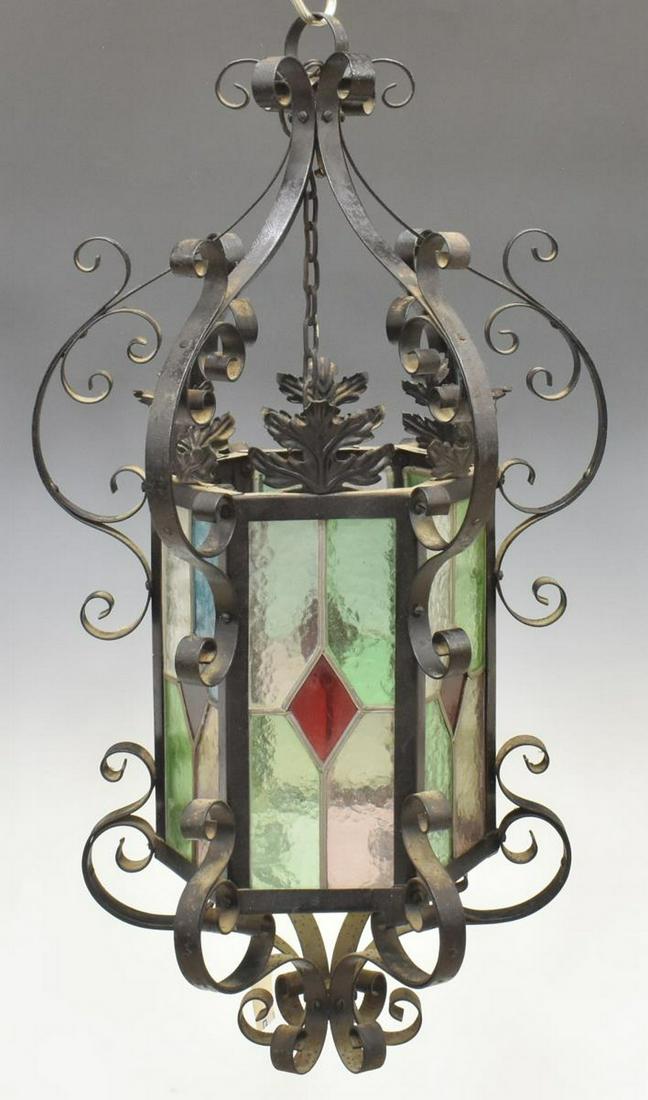 WROUGHT IRON & STAINED GLASS HANGING LANTERN (1 of 1)