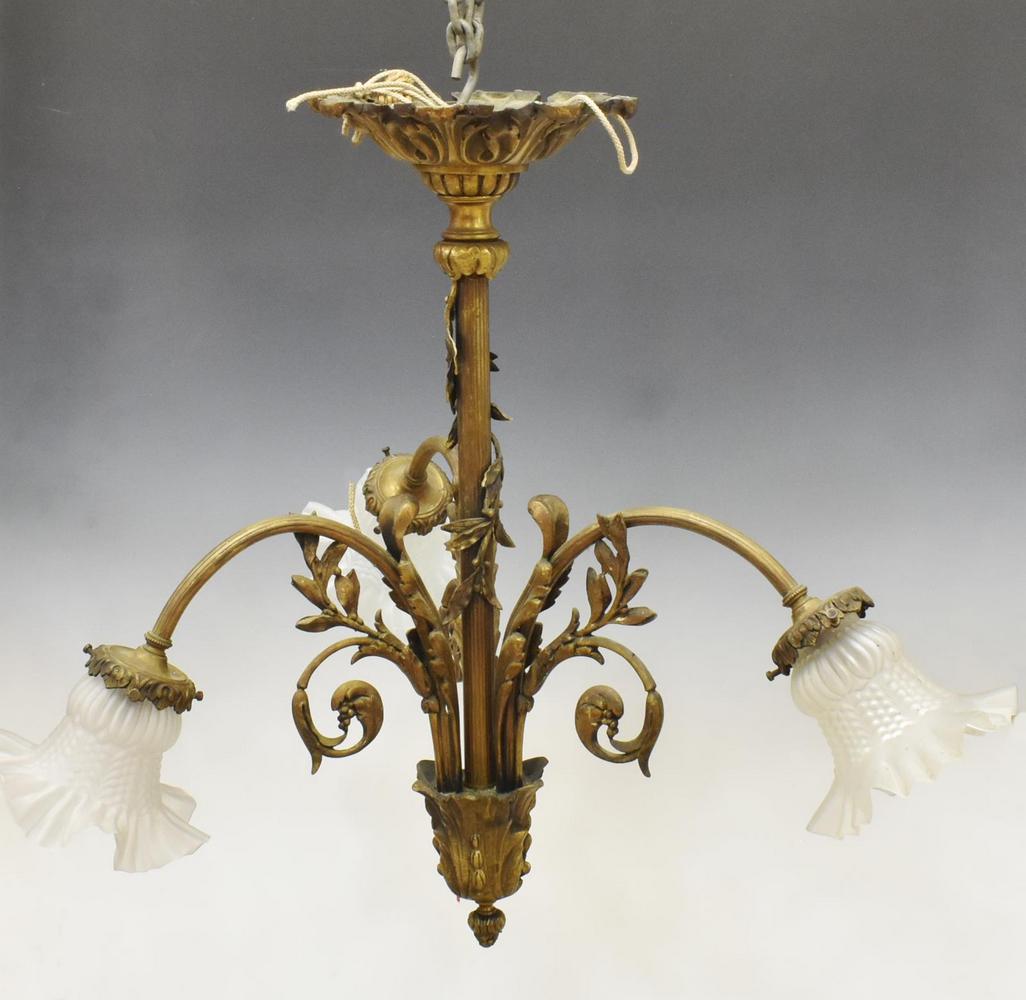 FRENCH GILT METAL THREE-LIGHT CHANDELIER (1 of 2)