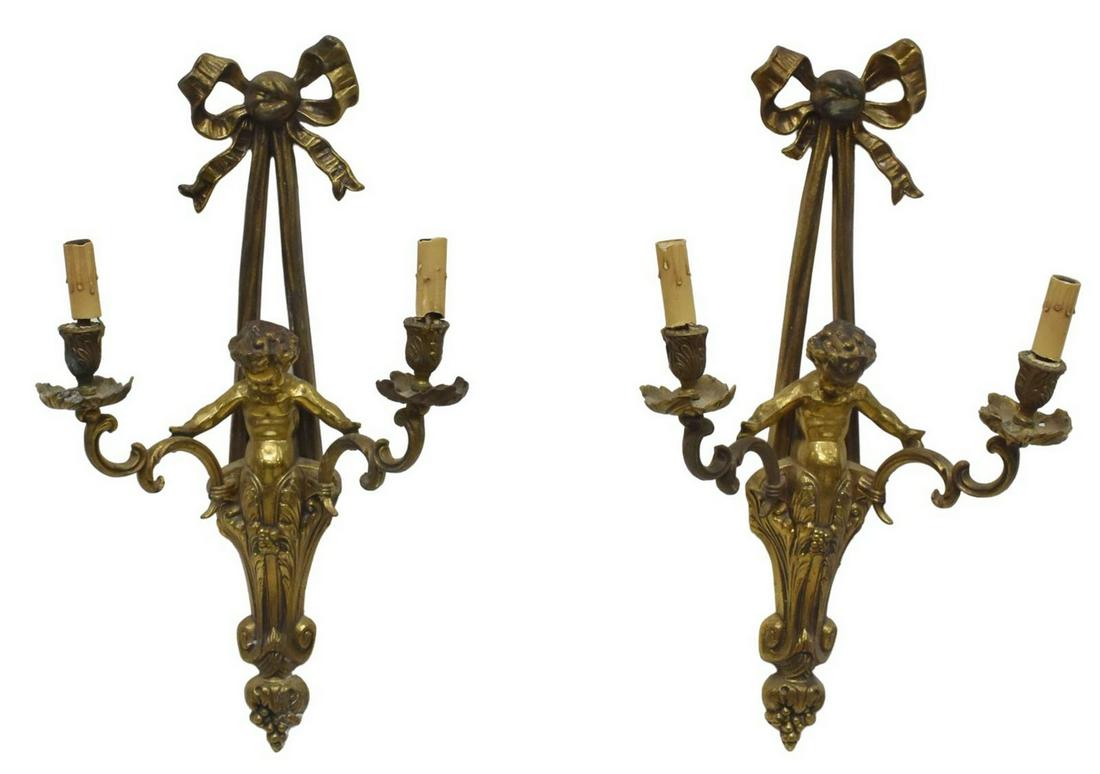 (2) FRENCH STYLE BRASS CHERUB 2-LT WALL SCONCES (1 of 1)