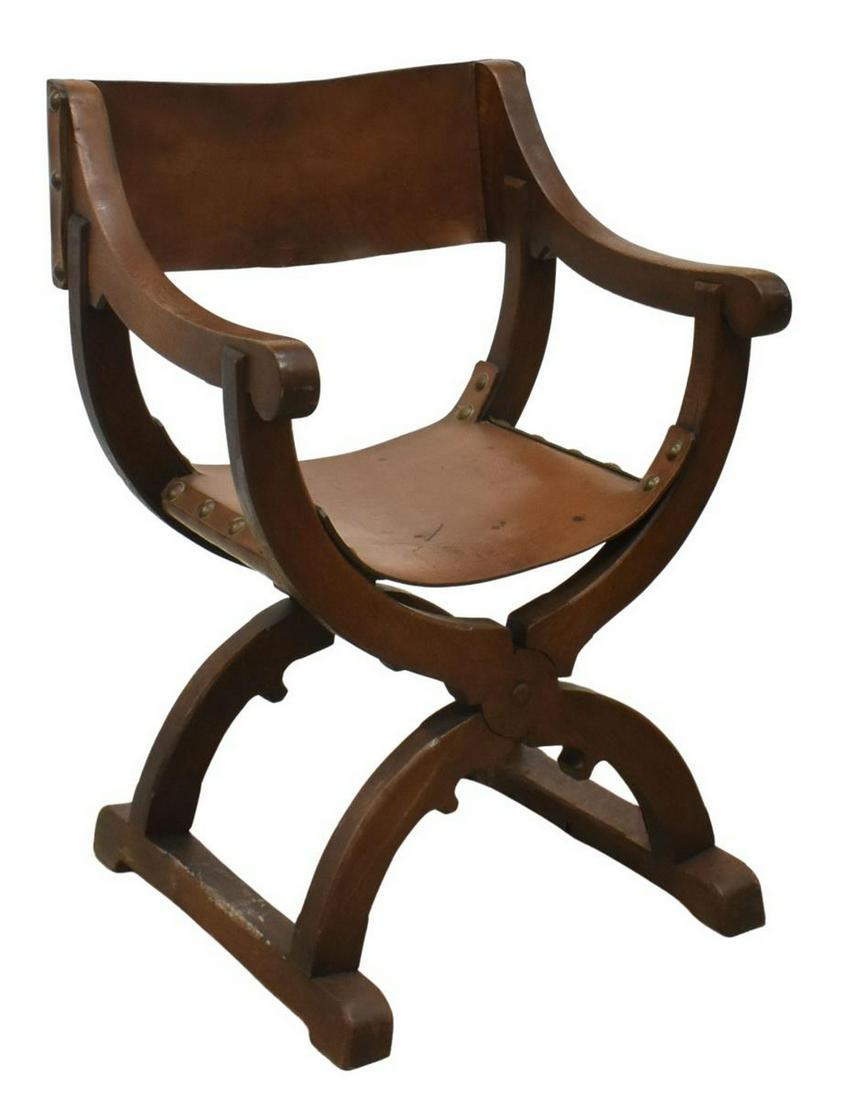 FRENCH DAGOBERT STYLE OAK CURULE ARMCHAIR (1 of 3)