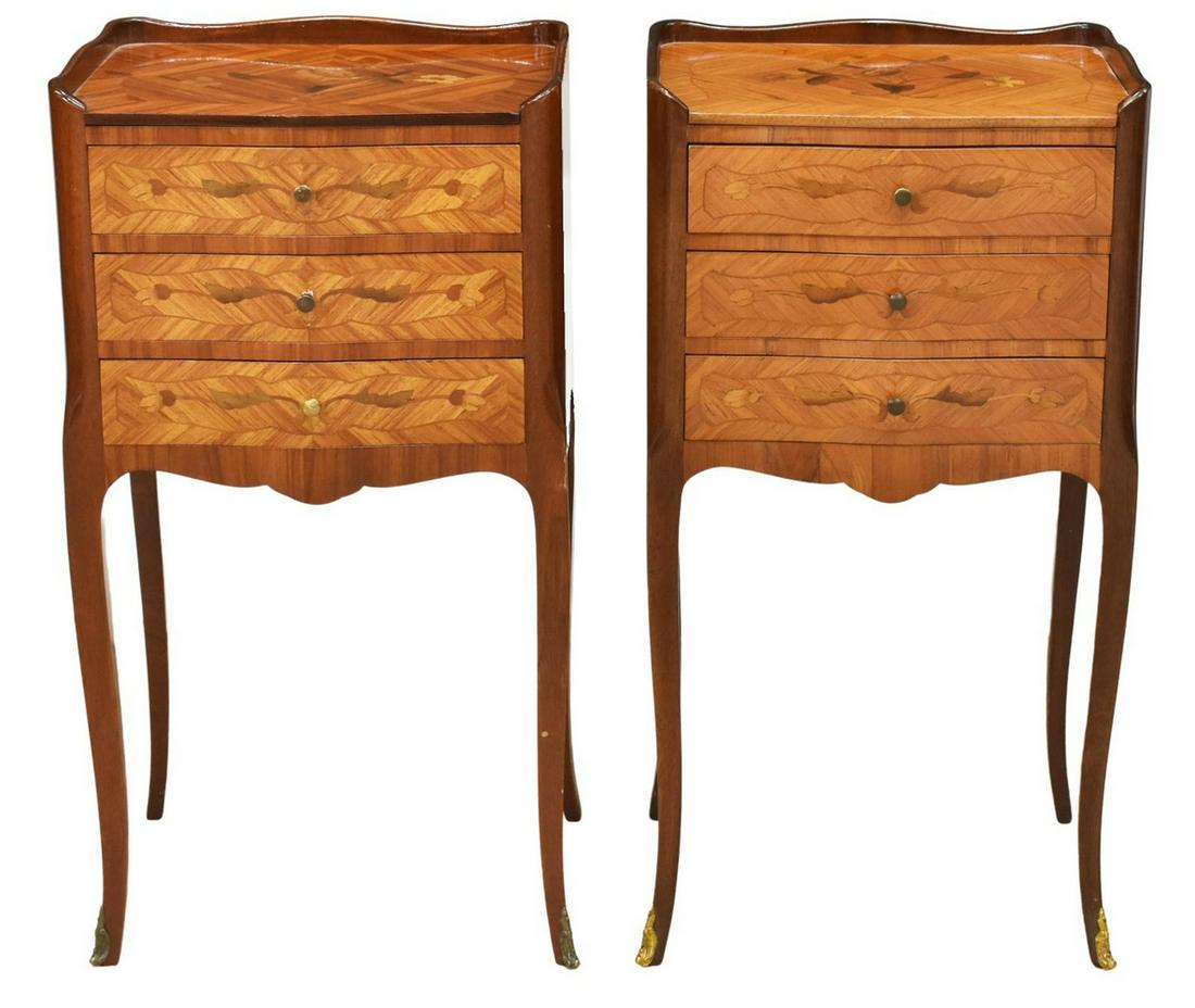 (2) FRENCH LOUIS XV STYLE MARQUETRY NIGHTSTANDS: (lot of 2) French Louis XV style nightstands, 20th c., with floral marquetry, partial galleried top, three drawers, rising on cabriole legs, ending in sabots, approx 29"h, 15.25"w, 12"d Start Price: $