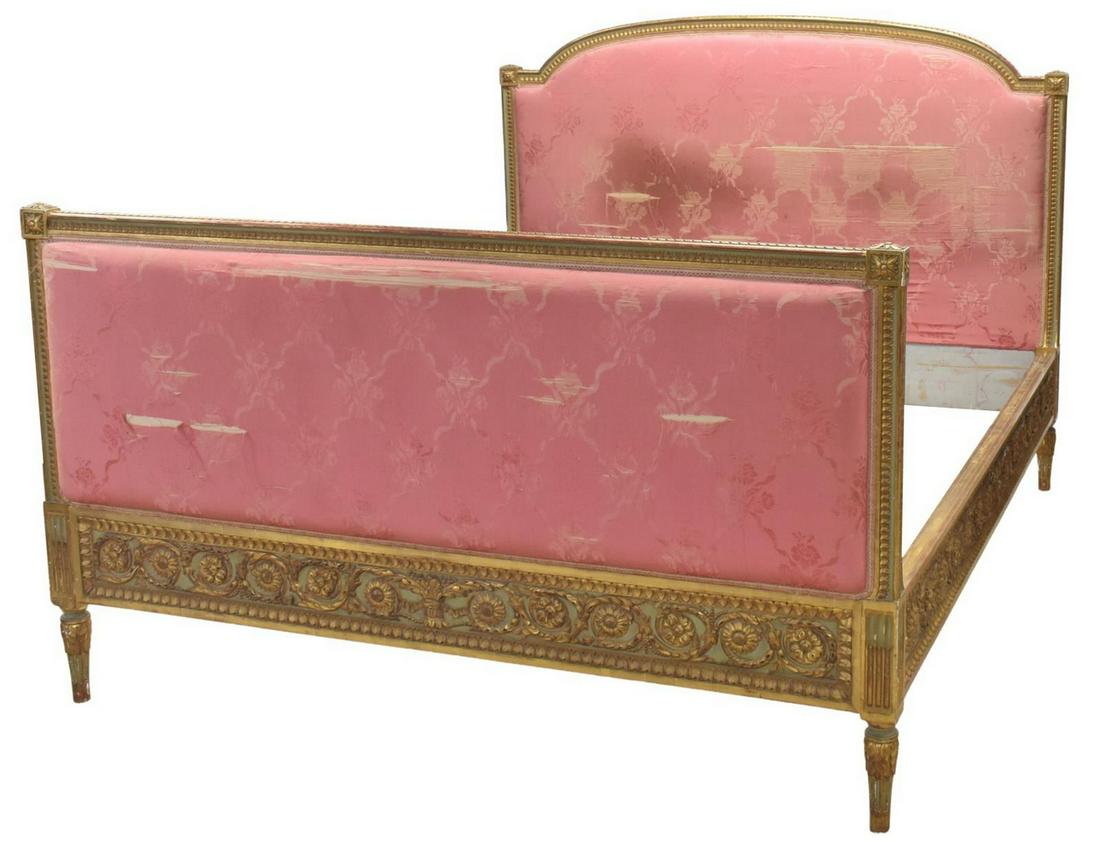FRENCH LOUIS XVI STYLE UPHOLSTERED PARCLE GILT BED (1 of 2)