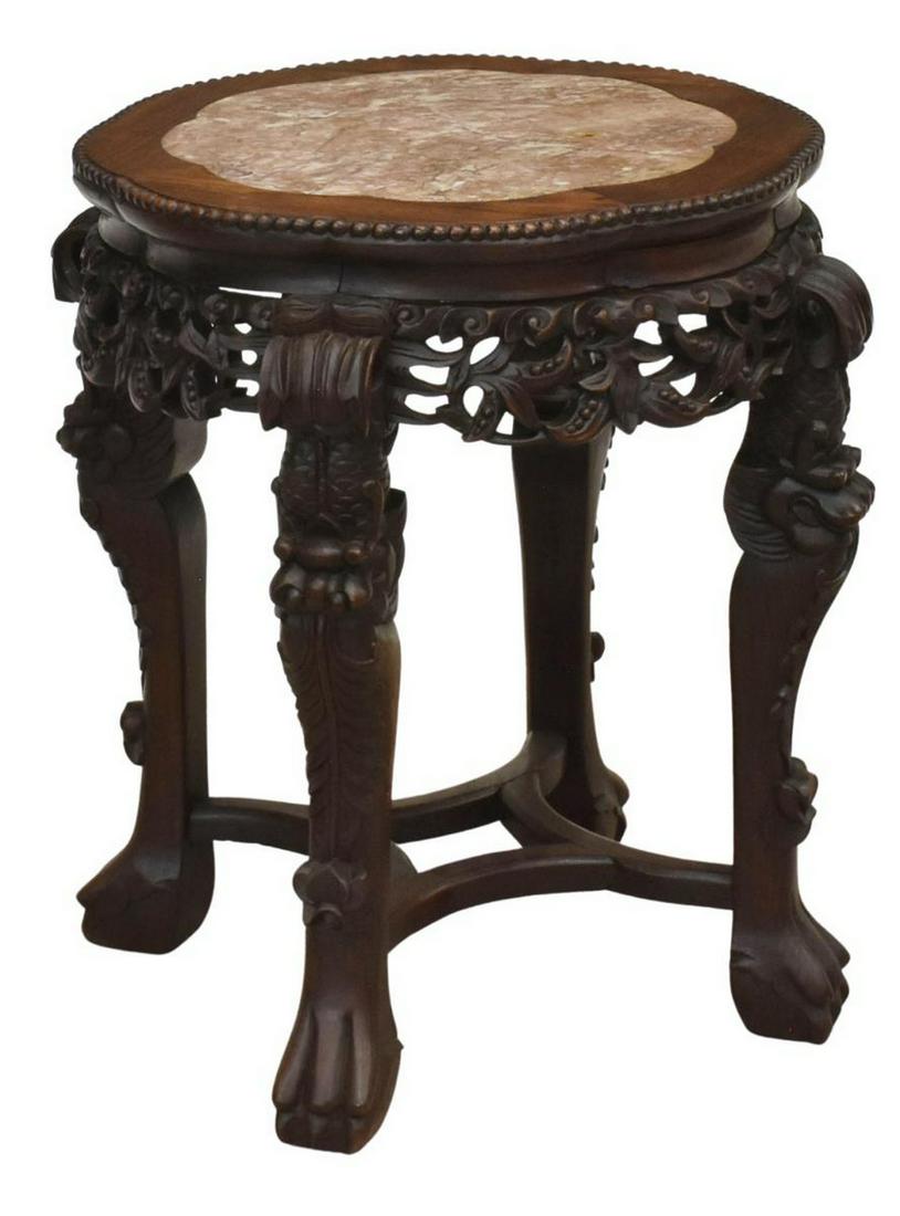 CHINESE MARBLE-TOP CARVED HARDWOOD SIDE TABLE (1 of 4)