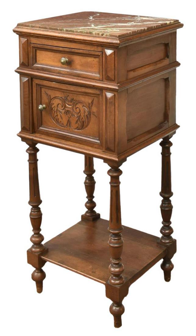FRENCH HENRI II STYLE MARBLE-TOP WALNUT NIGHTSTAND (1 of 5)