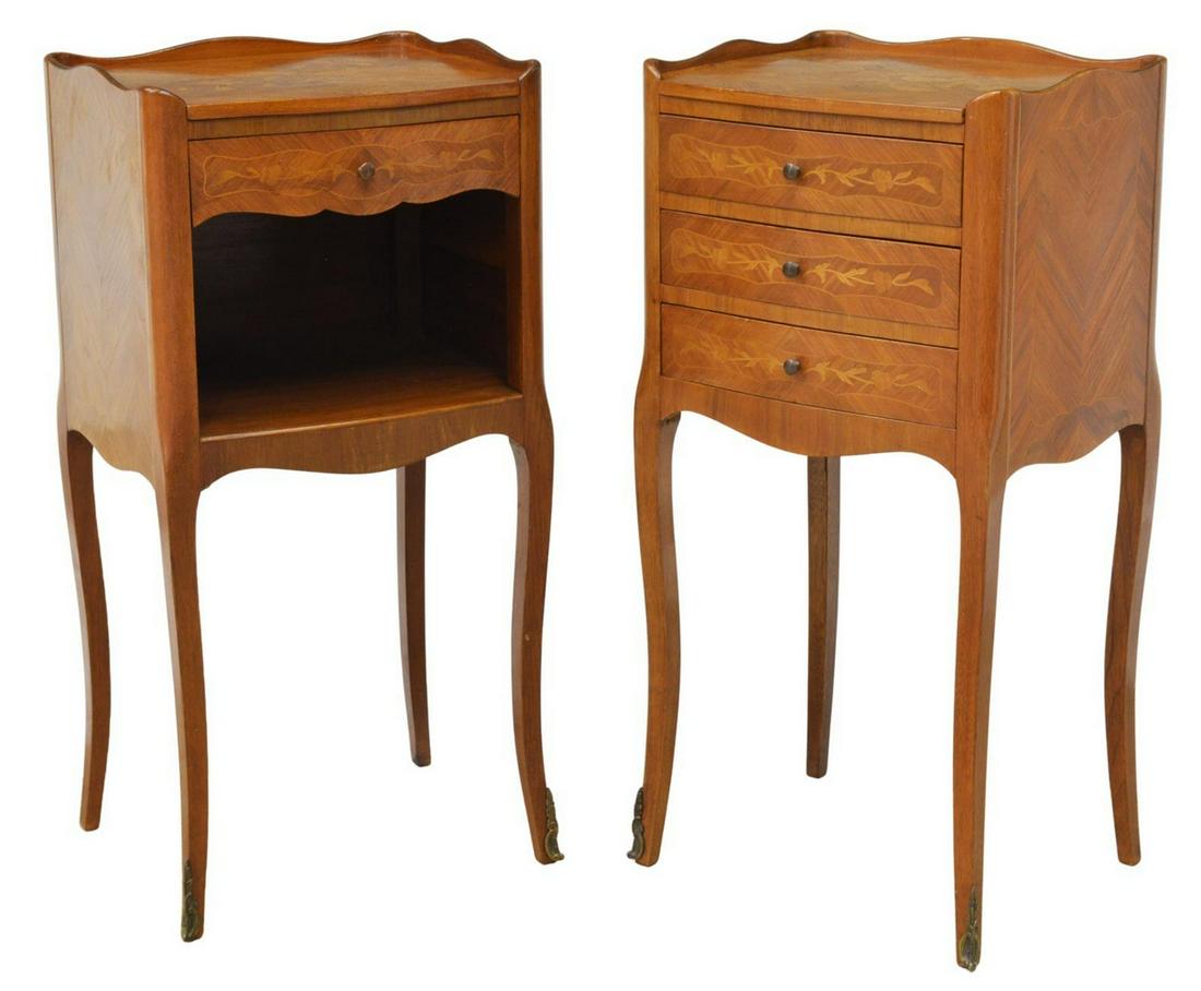 (2) FRENCH LOUIS XV STYLE MARQUETRY NIGHTSTANDS: (lot of 2) French Louis XV style nightstands, 20th c., in matched veneers, partial galleried top, floral marquetry to top and drawer fronts, (one) fitted with single drawer over open niche, (one) fitt