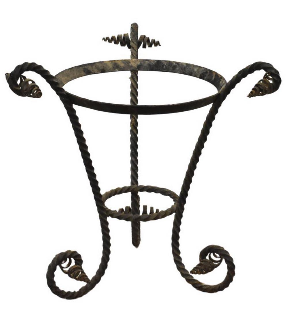 LARGE SPANISH ANTIQUE WROUGHT IRON PLANTSTAND: Large antique scrolled wrought iron plant stand, Spain, approx 24.5"h, 17"diam Start Price: $80.00