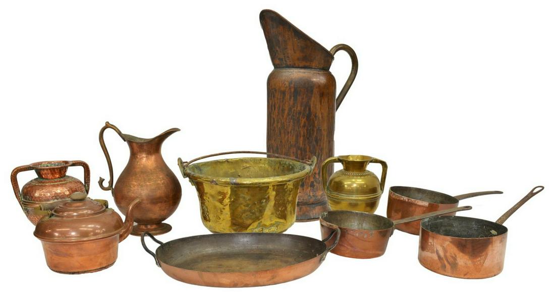 (LOT) FRENCH COPPER & BRASS KITCHENWARE, PANS (1 of 2)