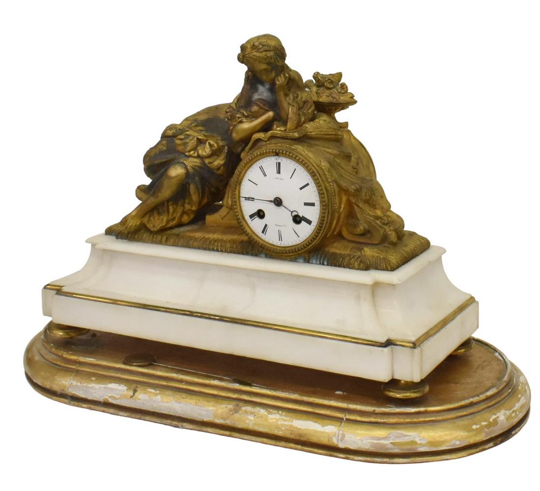 FRENCH FIGURAL GILT METAL MANTEL SHELF CLOCK (1 of 4)
