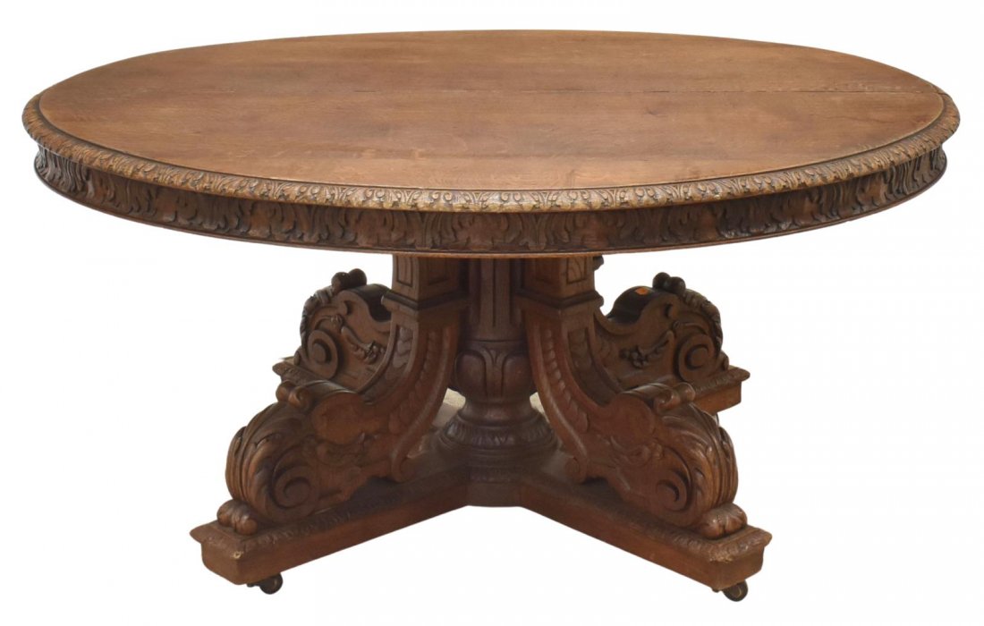 FRENCH HENRI II STYLE CARVED OAK DINING TABLE (1 of 3)