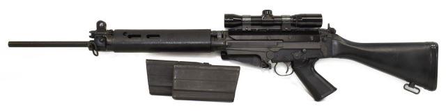 L1A1 CAI SPORTER .308 SEMI-AUTOMATIC RIFLE: L1A1 CAI Sporter rifle, .308 caliber, semi-automatic, 20" barrel, open front sight, mounted Burris 6X scope, black plastic hand guard, composite stock, two sling swivels, rubber butt pad, comes with t