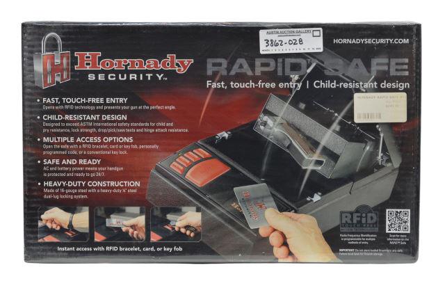 NEW IN BOX HORNADY RAPID GUN SAFE: Hornady Rapid Safe, Model 98150, new in box, pistol safe with key and touch pad entry (optional RFID bracelet, key fob, or card entry may be purchased from Hornady), AC and battery powered, exterior: 