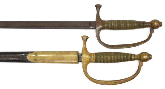 (2) CIVIL WAR M1840 AMES & ROBY MUSICIAN'S SWORDS: (lot of 2) Civil War-era model 1840 musician's swords, including: (1) the 28" blade marked at the ricasso Made by Ames Mfg. Co., Chicopee, Mass., the opposite ricasso marked U.S, ADK, 1962, unmarked s