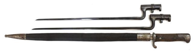 3) BAYONETS, SCARCE US 1869 CADET & M1873 & GERMAN: (lot of 3) Bayonets, including: (1) scarce U.S. Model 1867/69 Cadet trapdoor rifle socket bayonet, Springfield Armory, the 16.25" blade stamped U.S. under the rack number 265, overall: 19.25"l; (1) U.