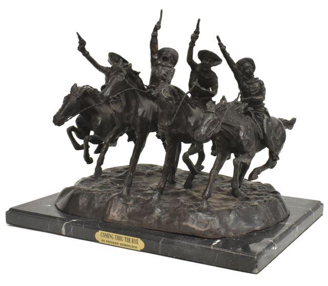 AFTER REMINGTON 'COMING THROUGH THE RYE' BRONZE: Patinated bronze sculpture, "Coming through the Rye," after the original by Frederic Sackrider Remington (American, 1861-1909), on black marble base, approx 12"h, 14"w, 10.25"d, 29.25lbs Start Price: 