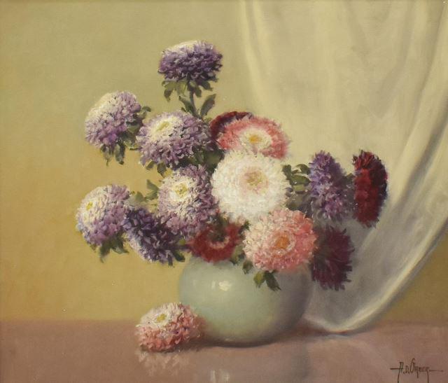 A.D. GREER (1904-1998) FLORAL STILL LIFE 20" x 24": Framed oil on canvas painting, Still Life with Chrysanthemums, signed lower right A.D. Greer (Aubrey Dale Greer, Oklahoma, Texas, 1904-1998), sight: approx 19.5"h, 23.5"w, overall: approx 26.25"h, 30.