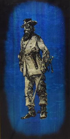 JACK WHITE (TX, 1933-2016) FOIL SOLDIER, 30" x 15": Framed silvered leaf / silvered foil art on glass verso, Soldier, signed at lower center Jack White (Texas, 1933-2016), sight: approx 29.75"h, 14.75"w, overall: approx 37.5"h, 22.5"w, 8.5lbs Start Pri