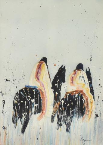 TOM ROGERS WATERCOLOR PAINTING RIDERS HORSEBACK: Framed watercolor and gouache painting on paper, Native American Riders on Horseback, signed lower right Tom Rogers (American, 20th c.), sight: approx 29.5"h, 21.5"w, overall: approx 42.25"h, 34.25"w,