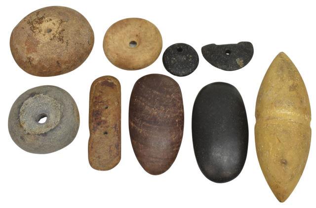 (9) NATIVE AMERICAN STONE TOOLS, DISCOIDALS, CLUB: (lot of 9) Native American stone tools, some ancient, others late 19th/ early 20th c., including: (3) discoidals, each pierced with holes, largest: approx 4"diam; (1) stone club head, pointed ends, ap