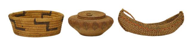 (3) BASKETS TOHONO O'ODHAM BOWL, PINE NEEDLE CANOE: (lot of 3) Woven basketry items, c.1910-1940, including: (1) Tohono O'odham (Papago) bowl basket, approx 2.5"h, 7" diam; (1) non-Native American basket, approx 2.5"h, 6" diam; (1) canoe-form pine-need