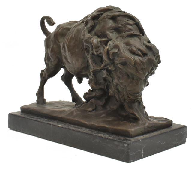 MIGUEL LOPEZ (B.1955) BRONZE SCULPTURE BISON: Patinated bronze sculpture, American Bison, signed in cast Milo (Miguel Fernando Lopez, Portuguese, b.1955), on black marble base, approx 8.5"h, 11"w, 5.5"d, 14.5lbs Start Price: $100.00
