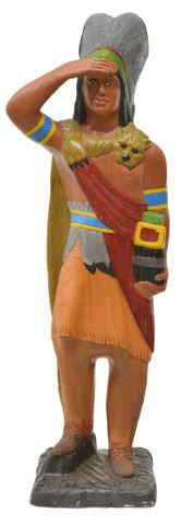 LARGE CIGAR STORE INDIAN STATUE: Cigar store Indian statue, early 20th c., multi-color plaster on integral base, old break at one ankle revealed horsehair stuffing at interior, repainted, approx 51"h, 16"w, 11.75"d Start Price: $100.