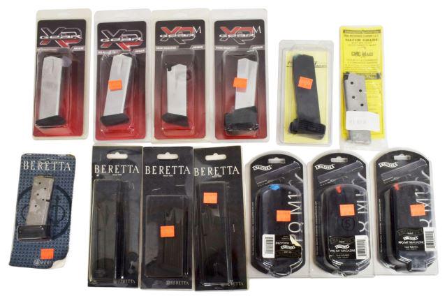 (13) NEW IN BOX PISTOL MAGAZINES, BERETTA, WALTHER: (lot of 13) Pistol magazines, new in box, including: (3) Beretta, .40 cal, 12 rounds; (1) Beretta, 9mm, 17 rounds; (1) Beretta, 9mm, 13 rounds; (2) Walther, 9MM, PPQ M1, 15 +2 rounds; (1) Walther, 40 
