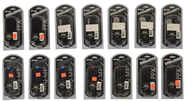 14) NEW IN BOX WALTHER PISTOL MAGS, .40S&WM & .380: (lot of 14) Walther pistol magazines, new in box, including: (5) PK380, .380, 8 rounds; (4) PPX, .40 S&W, 14 rounds; (5) PPQ M1, .40 S&W, 12+2 rounds Start Price: $80.00