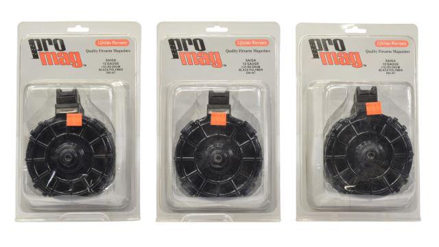 (3) NEW IN BOX, SAIGA 12 GAUGE 12 ROUND DRUM MAGS: (lot of 3) Pro Mag Saiga 12 gauge 12 round black drum magazine, black polymer, new in box Start Price: $80.00
