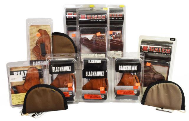 (12) NEW IN BOX PISTOL HOLSTERS: (lot of 12) New, packaged leather pistol holsters, including: (3) Blackhawk #19, right, brown, 3 slot pancake, S&W MP 9/40 compact; (1) Bianchi #100T, right, brown, size 9, Meretta M84B, Sig P230 and 