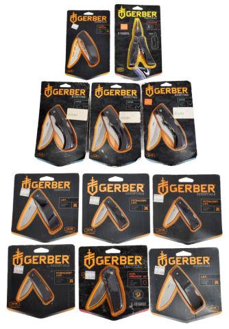 (11) NEW IN BOX GERBER FOLDING KINIVES: (lot of 11) Gerber knives, new in box, including: (3) Hunting Gator folding knife with sheath, 3.76" blade; (1) E-Z Out Skeleton, 3.52" blade; (1) Mini Swagger, 2.75" blade; (1) Bullrush 8, Multi Tool