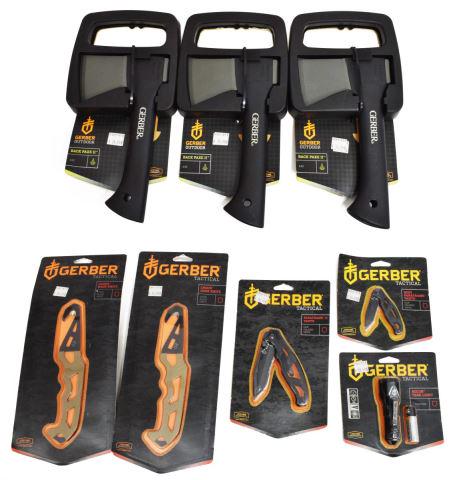 (8) NEW IN BOX GERBER AXE, CRISIS KNIVES, MORE: (lot of 8) Gerber, new in packaging, including: (3) Paxe II axe, black composition handle, 2.7" blade; (2) Crisis Hook Knife, glass breaker at one end, sheath, belt cutter; (1) Paraframe II Tanto fold