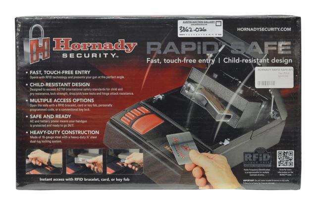 NEW IN BOX HORNADY RAPID GUN SAFE: Hornady Rapid Safe, Model 98150, new in box, pistol safe with key and touch pad entry (optional RFID bracelet, key fob, or card entry may be purchased from Hornady), AC and battery powered, exterior: 