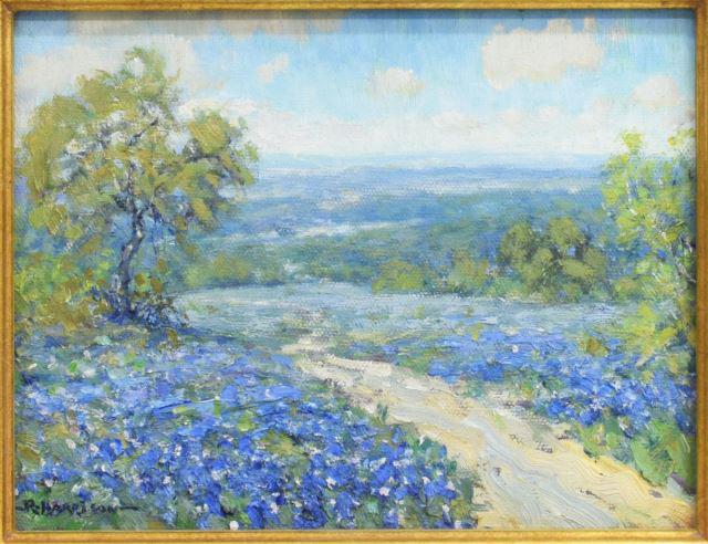 ROBERT HARRISON (B.1949) HILL COUNTRY BLUEBONNETS: Framed oil on canvas painting, Hill Country Blue Bonnets, signed lower left Robert Harrison (Texas, b.1949), sight: 6.5"h, 9 3/8"w, overall: 12.75"h, 14.75"w, 3lbs Start Price: $300.00