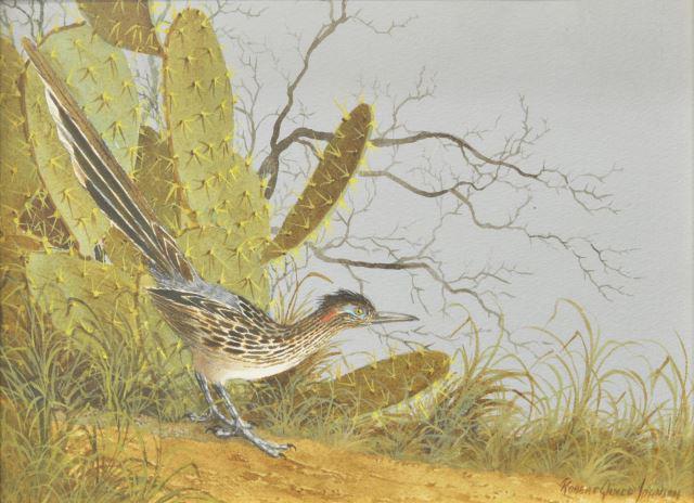 ROBERT QUILL JOHNSON (1927-1980) ROADRUNNER W/C: Framed watercolor painting on board, "The Roadrunner," signed lower right Robert Quill Johnson (Texas, 1927-1980), sight: approx 11.5"h, 15.5"w, overall: approx 18.75"h, 22.75"w, 5lbs **Provenance: fr