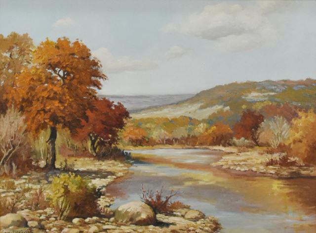 ERIC HARRISON (TX, B.1971) AUTUMN LANDSCAPE: Framed oil on canvas painting, Autumn Hill Country Landscape, signed lower left Eric Harrison (Texas, b.1971), J.R. Mooney Galleries of Fine Art label verso, sight: 17.5"h, 23.5"w, overall: 25.25"h, 3