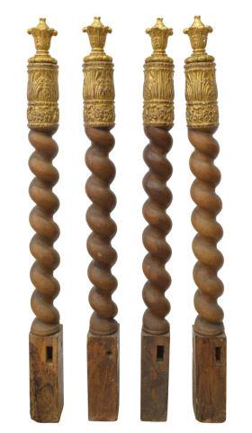 (4) BAROQUE STYLE ARCHITECTURAL ELEMENTS COLUMNS: (lot of 4) Continental Baroque style walnut architectural elements, 18th c., having foliate carved giltwood finials, over Solomonic twisted columns accented by intricately carved giltwood elements, in