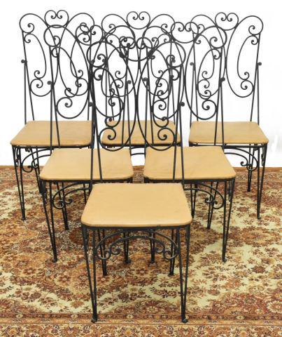 (6) FRENCH WROUGHT IRON & LEATHER GARDEN CHAIRS: (lot of 6) French wrought iron garden/ dining chairs, 20th c., each with openwork scrolled back, over tan leather seat, on curved legs, approx 42.25"h, 16.5"w, 17"d, seat height: approx 17.5"h Start P
