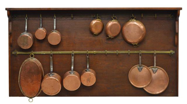 (18) FRENCH COPPER KITCHENWARE & POT RACK: (lot of 18) French hanging kitchen pot rack and copper kitchen items, late 19th/ early 20th c., comprising: (1) oak and brass hanging pot rack, MD Depose Paris, having a long rectangular top with curv