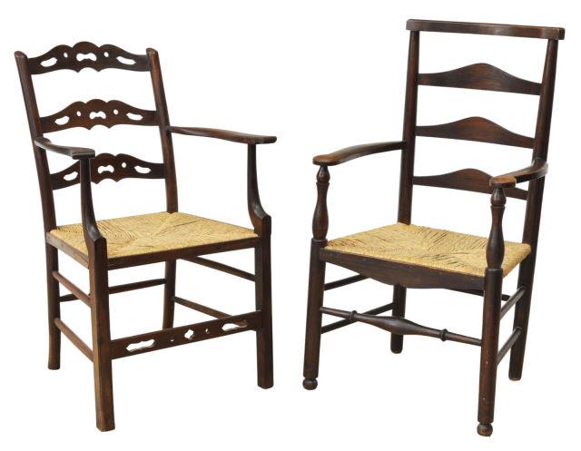 (2) CHIPPENDALE STYLE RIBBON BACK & FRENCH CHAIRS: (lot of 2) Rush seat chairs, 19th c., comprising: (1) Chippendale style ribbon back armchair, having pierced ladder back, arms ending in scrolled handholds, rush seat, rising on stretcher-joined legs,