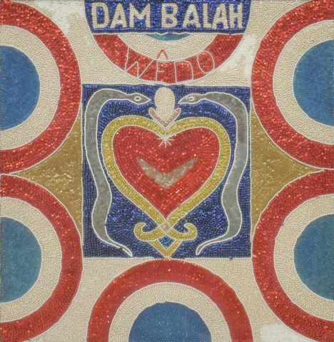 HAITIAN BEADED VOODOO CEREMONIAL DRAPEAU FLAG: Framed Haitian beaded and sequined Voodoo ceremonial drapeau flag or banner, Dam Balah (Damballah) Wedo, with heart and serpent motif, background composed of concentric circles, sight: approx 28"h, 28