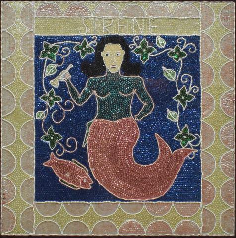 HAITIAN BEADED VOODOO CEREMONIAL DRAPEAU FLAG: Framed Haitian beaded and sequined Voodoo ceremonial drapeau flag or banner, La Sirene, mermaid with horn, fish, vining flowers, geometric border, sight: approx 28.25"h, 28.25"w, overall: approx 35.5"