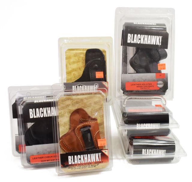 (7) NEW IN BOX BLACKHAWK PISTOL HOLSTERS: (lot of 7) New, packaged Blackhawk leather pistol holsters, including: (1) #11, right, brown, inside-the-pants, Springfield XD/XDM; (2) #01, right, black, inside-the-pants, Colt Gov't 5; (1) #06, righ