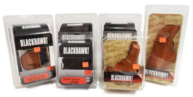 (6) NEW IN BOX BLACKHAWK PISTOL HOLSTERS, 6 MODELS: (lot of 6) New, packaged Blackhawk leather pistol holsters, including: (1) #11, right, brown, inside-the-pants with clip, Springfield XD/XDM; (1) #01, right, black, inside-the-pants with clip, Colt Go