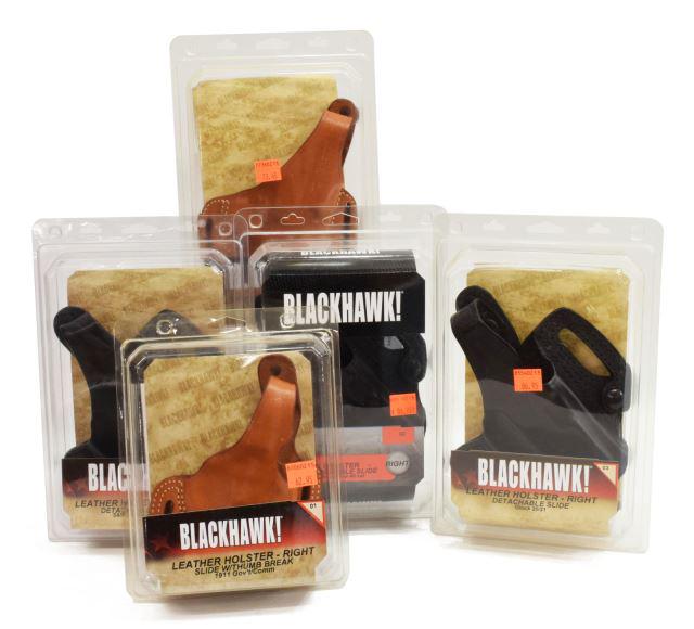 (5) NEW IN BOX BLACKHAWK PISTOL HOLSTERS, 5 MODELS: (lot of 5) New, packaged Blackhawk leather pistol holsters, including: (1) #01, right, brown, 1911 Gov't/Comm; (1) #28, right, black S&W MP, all models; (1) #02, right, black, Clock 9mm/.40 cal.; (1) 