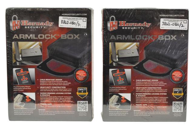 (2) NEW IN BOX HORNADY ARMLOCK GUN BOX: (lot of 2) Hornady Armlock Box, Model 98151, new in box, 16 gauge steel, child resistant, three lug lock system, padded interior, "meets TSA requirements for handgun safety in luggage," exterior: 3"h,